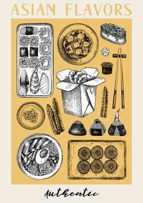 Asian food hand-drawn vector illustrations in engraved style. Street food poster template. Japanese cuisine menu design. NOT AI generated